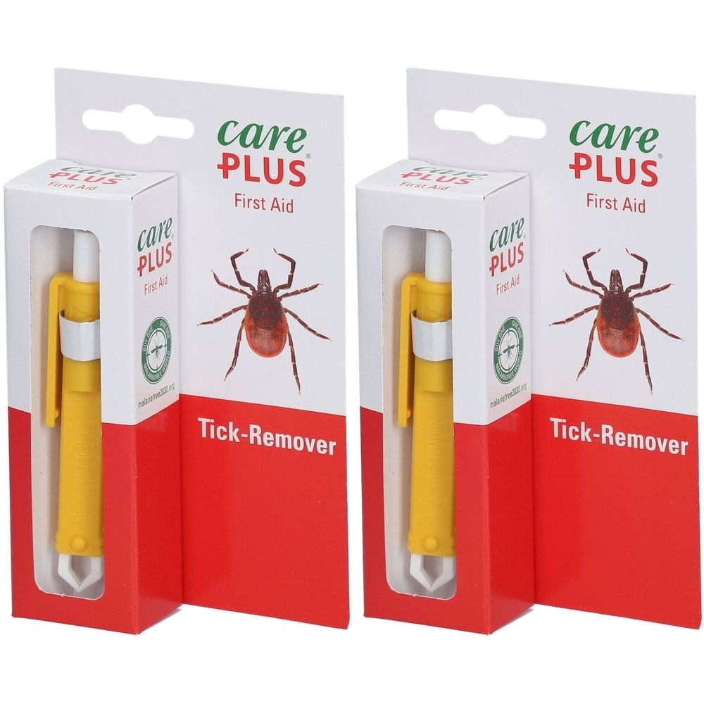 Extracteur de tiques jaune dans son emballage. Boîte blanche et rouge avec nom du produit et illustration de tique.