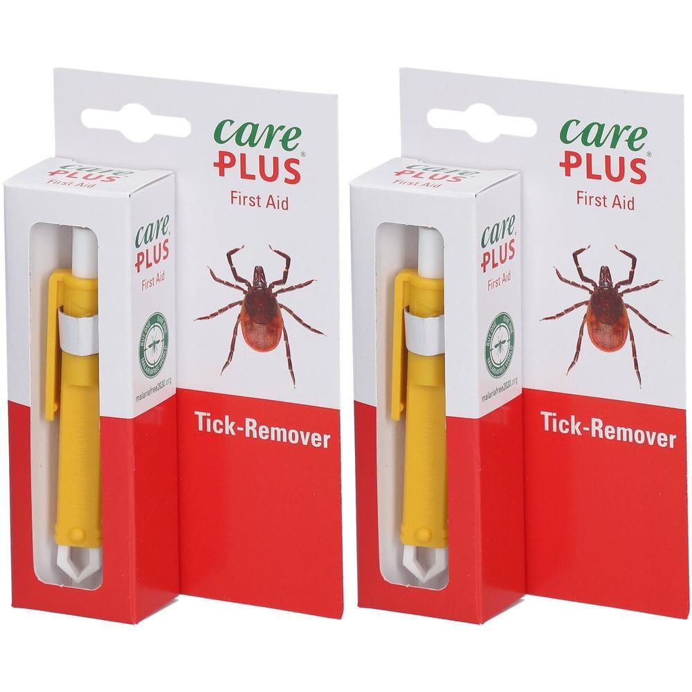 Extracteur de tiques jaune dans son emballage. Boîte blanche et rouge avec nom du produit et illustration de tique.