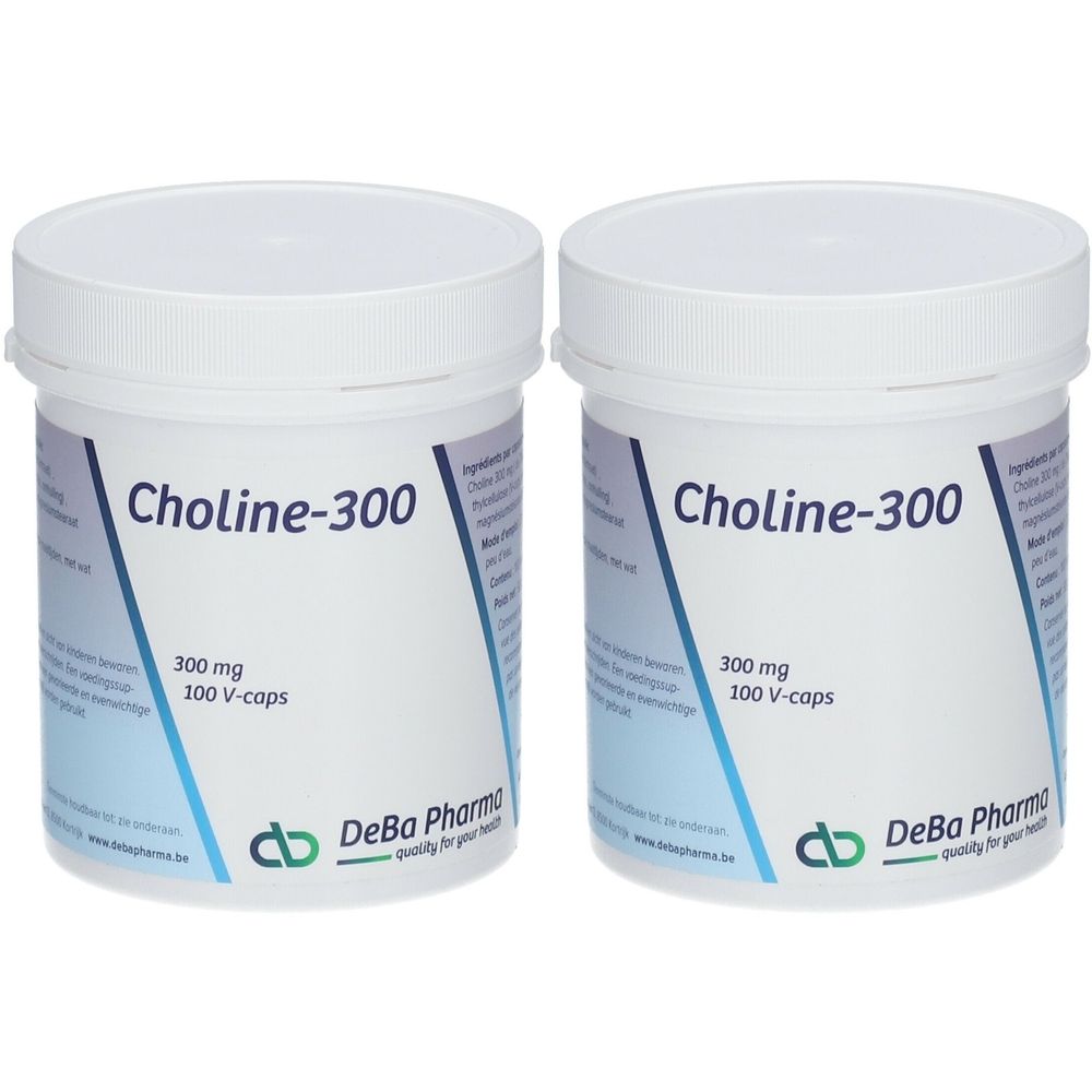 Deux pots blancs avec étiquettes bleues et blanches. Inscription: Choline-300, 300 mg, 100 V-caps. Logo DeBa Pharma.