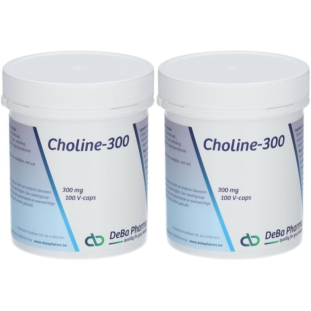 Deux pots blancs avec étiquettes bleues et blanches. Inscription: Choline-300, 300 mg, 100 V-caps. Logo DeBa Pharma.