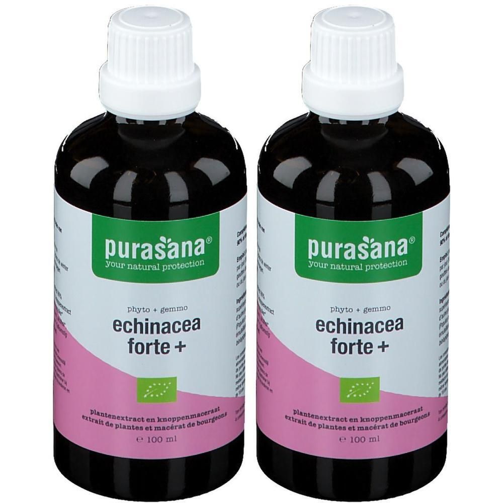 Deux flacons de Purasana Echinacea Forte+. Étiquettes vertes, bouchons blancs. Certification bio. Liquide noir visible.