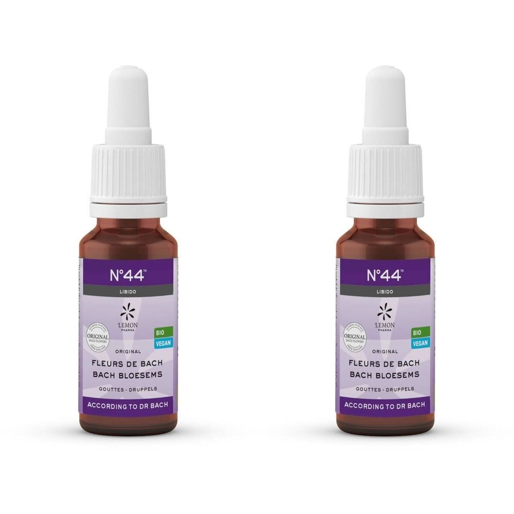 Deux flacons bruns avec bouchon blanc. Étiquettes avec N°44, Fleurs de Bach, Bach Bloesems. Label bio.