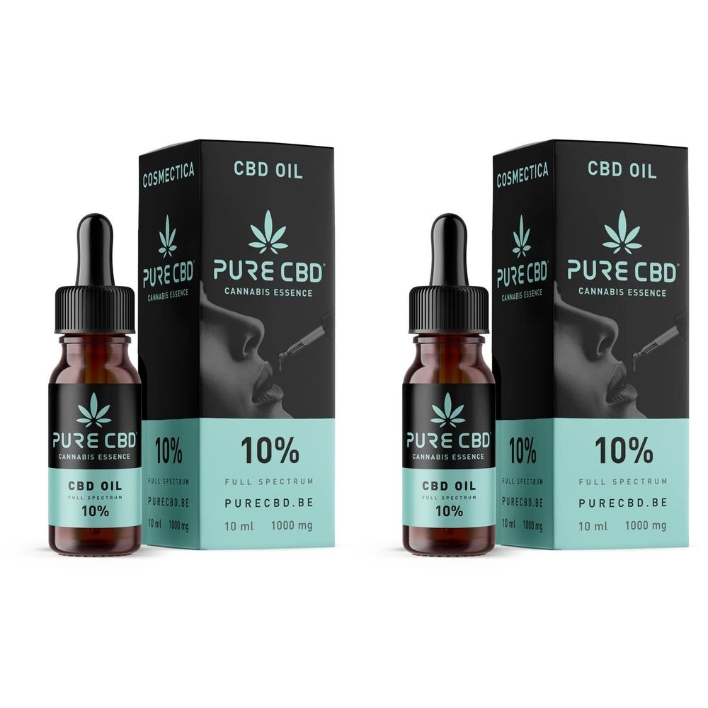Flacon d'huile Pure CBD avec emballage. Boîte noire avec logo et texte. Bande turquoise avec texte. 10%.