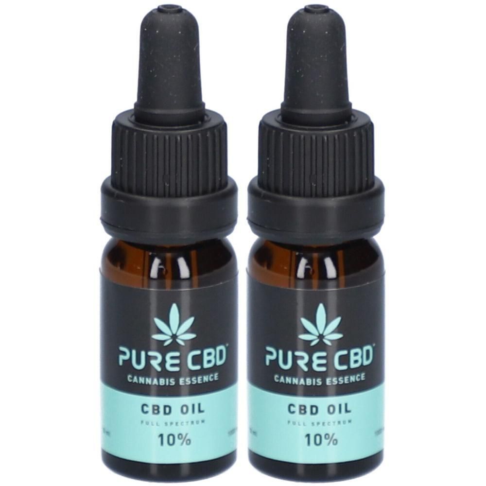 Deux flacons d'huile Pure CBD avec compte-gouttes. Étiquettes noires avec logo et texte. Bande turquoise avec texte. 10%.