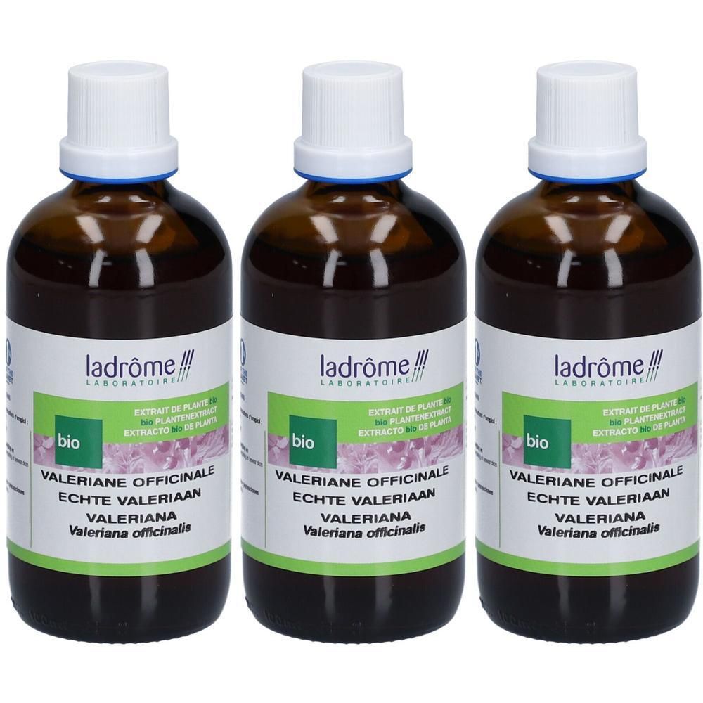 Trois flacons en verre brun avec bouchons blancs. Inscription: Ladrôme, Valériane officinale, certification Bio.