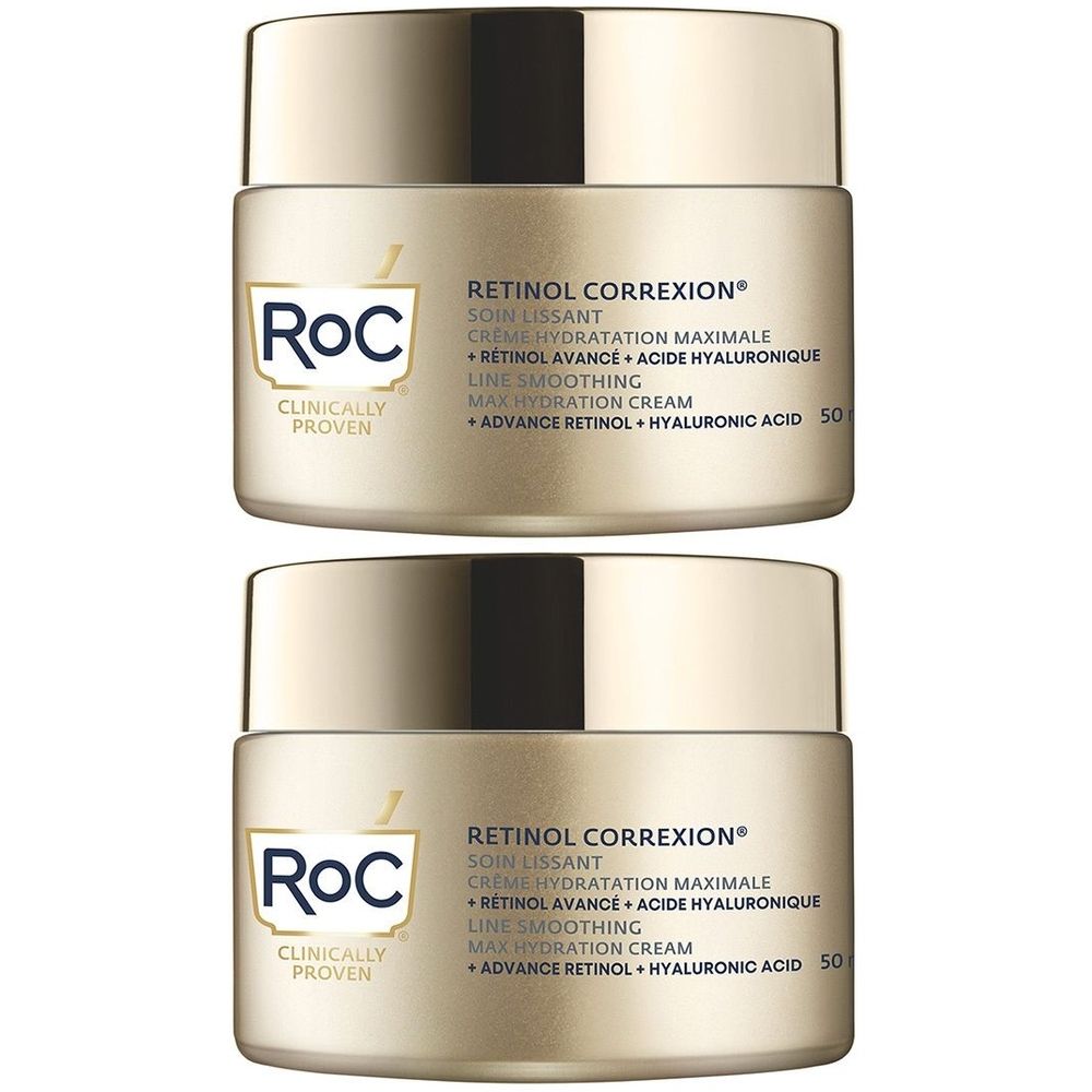 Deux pots dorés de crème RoC Retinol Correxion avec couvercles. Inscription : Retinol Correxion, Line Smoothing, Max Hydration Cream.