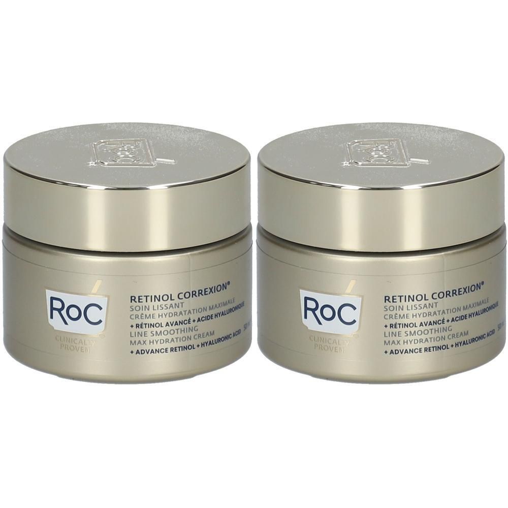 Deux pots dorés de crème RoC Retinol Correxion avec couvercles. Inscription : Retinol Correxion, Line Smoothing, Max Hydration Cream.
