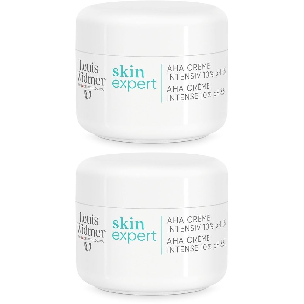 Deux pots blancs Louis Widmer skin expert AHA Crème Intensiv 10% pH3.5. Inscriptions en noir et turquoise.