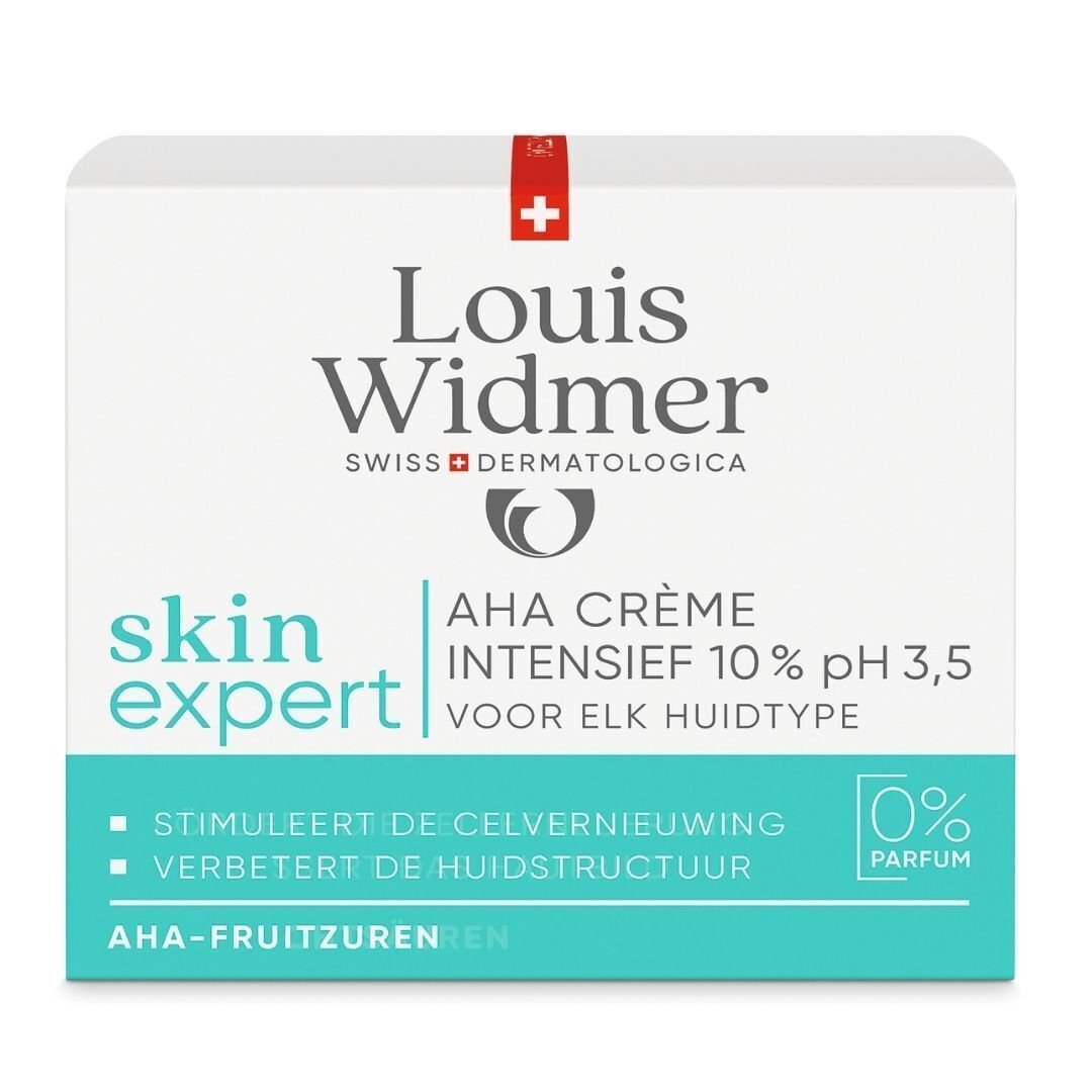 Emballage blanc avec croix rouge et l'inscription Louis Widmer skin expert AHA Crème Intensif 10% pH 3,5. 0% Parfum.