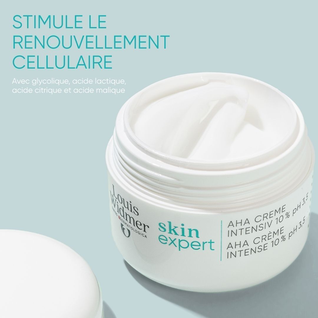 Deux pots avec l'inscription Louis Widmer skin expert AHA Crème 5%. Texte : Pour une peau souple et lisse, au teint éclatant.