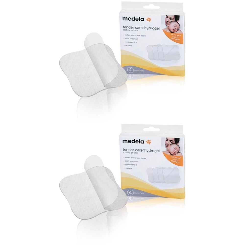 Deux boîtes de compresses hydrogel. Une compresse partiellement décollée. Inscription : Medela, tender care hydrogel.