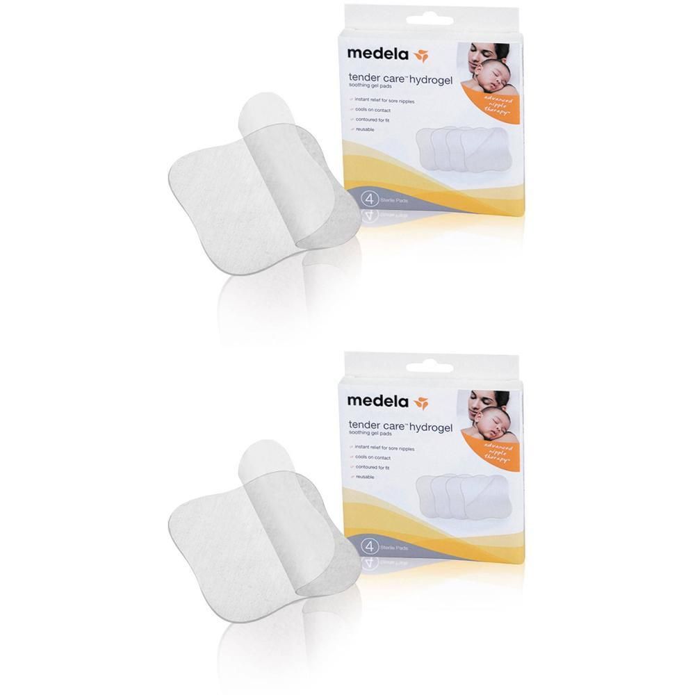 Deux boîtes de compresses hydrogel. Une compresse partiellement décollée. Inscription : Medela, tender care hydrogel.