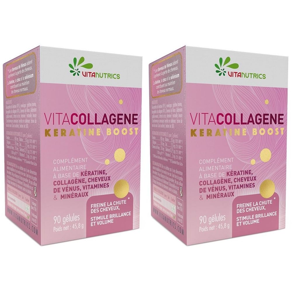 Deux boîtes de Vitacollagene Keratine Boost. Emballage rose avec nom et informations. Contient 90 gélules.