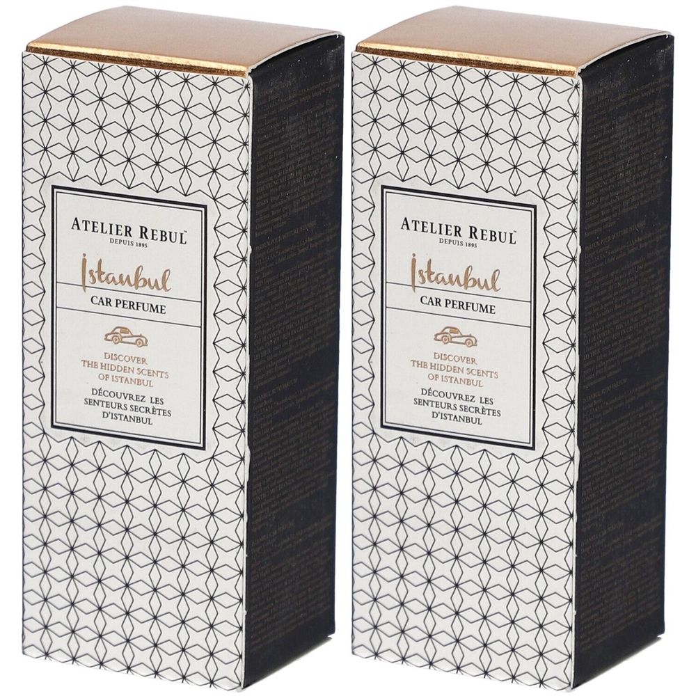 Deux boîtes rectangulaires avec couvercles dorés. Inscription : Atelier Rebul Istanbul Car Parfum.