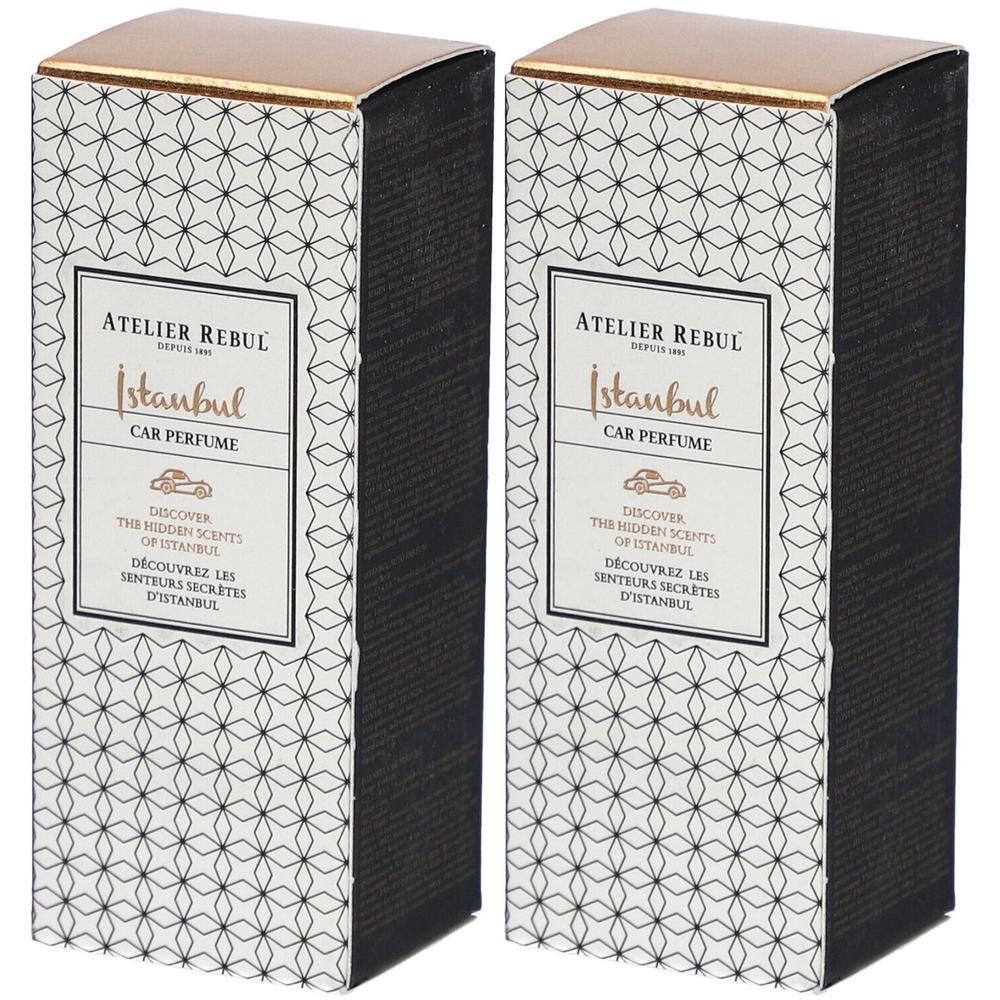 Deux boîtes rectangulaires avec couvercles dorés. Inscription : Atelier Rebul Istanbul Car Parfum.