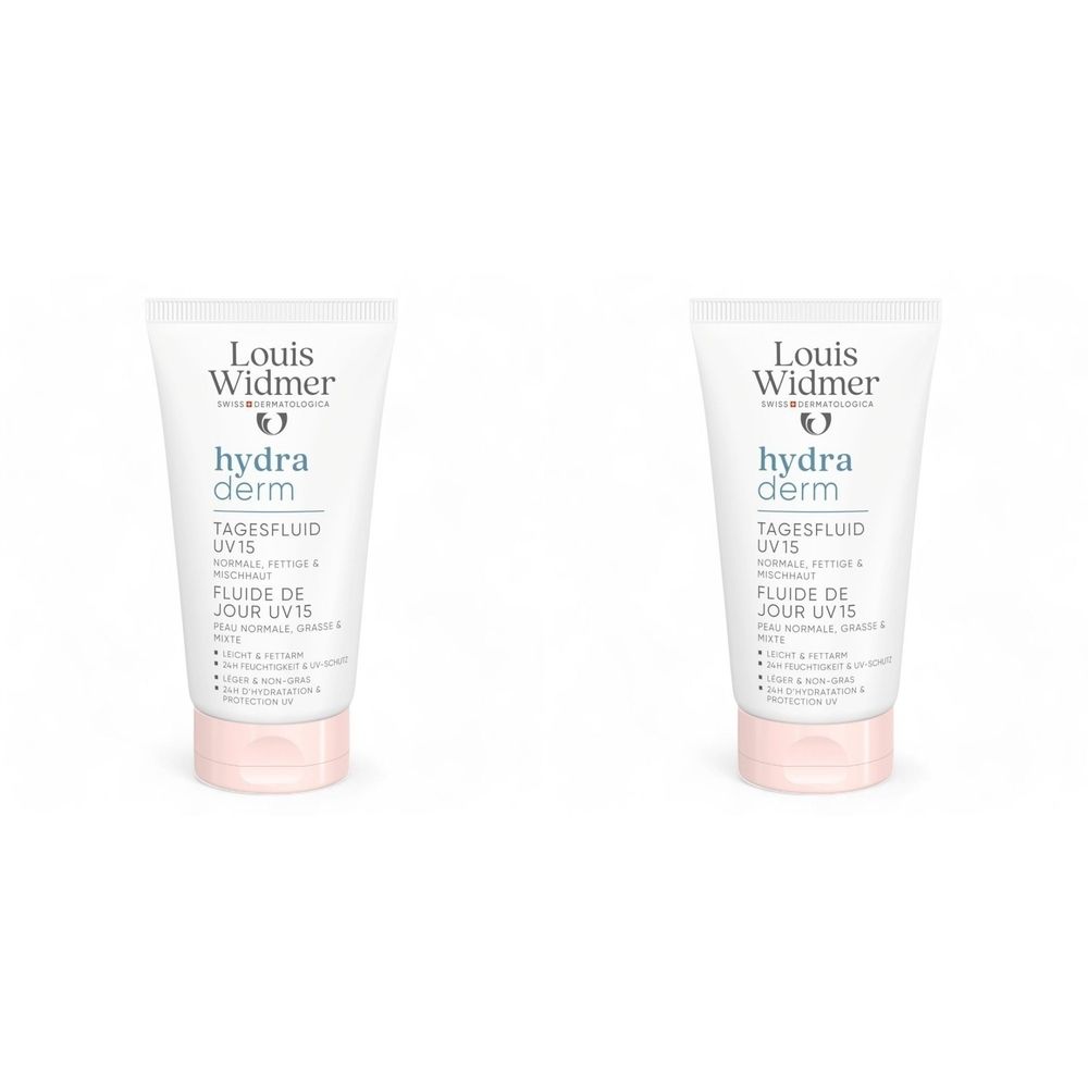 Deux tubes de Louis Widmer Hydraderm Fluide de Jour UV15. Blanc, bouchon rose. Inscriptions du produit imprimées.