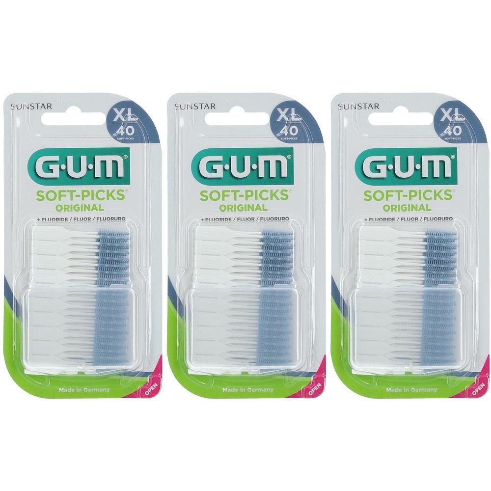 Trois paquets de GUM Soft-Picks Original, XL 40. Brossettes interdentaires avec manche bleu et brins blancs, en blister.