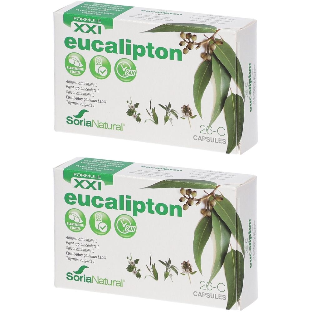 Deux boîtes de Soria Natural Eucalipton XXI. Emballage blanc avec texte vert et illustrations de feuilles et de plantes.