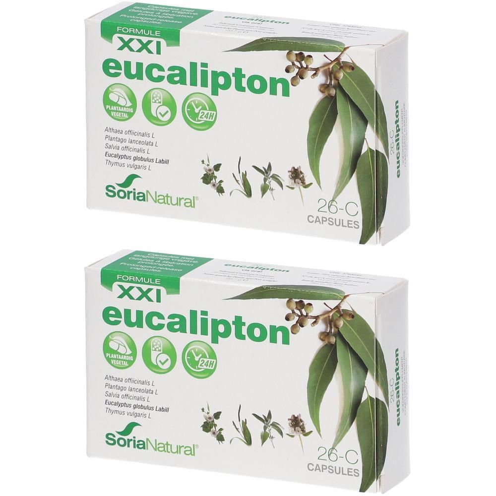 Deux boîtes de Soria Natural Eucalipton XXI. Emballage blanc avec texte vert et illustrations de feuilles et de plantes.