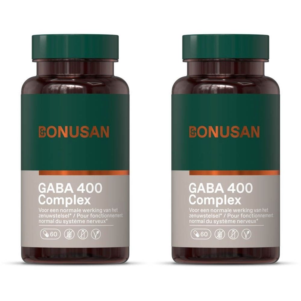 Deux flacons Bonusan GABA 400 Complex. Flacons marron avec couvercles verts. Inscription GABA 400 Complex et Bonusan.