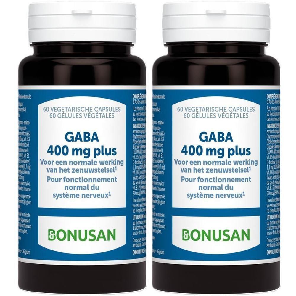 Deux flacons de gélules Bonusan GABA 400 mg Plus. Flacons noirs avec couvercles blancs. Inscription GABA 400 mg plus et Bonusan.