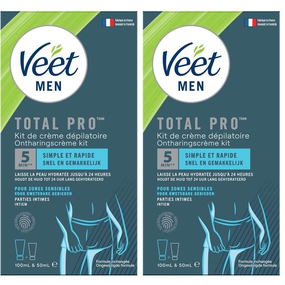 Deux boîtes Veet MEN Total Pro Kit de crème dépilatoire. Emballage bleu avec image et texte. Contient crème et baume.