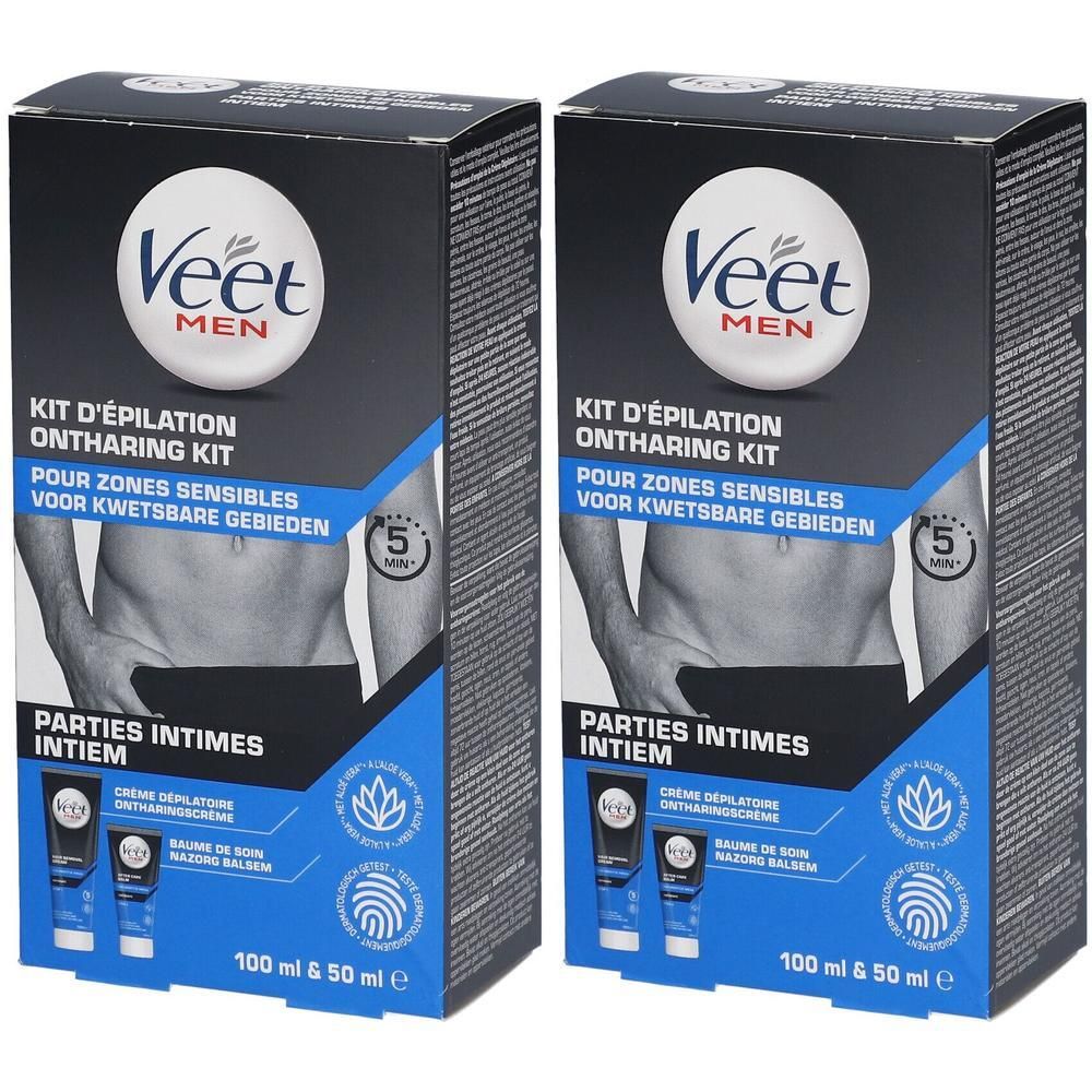 Deux boîtes Veet MEN Kit D'épilation. Emballage noir avec image et texte. Contient crème et baume.