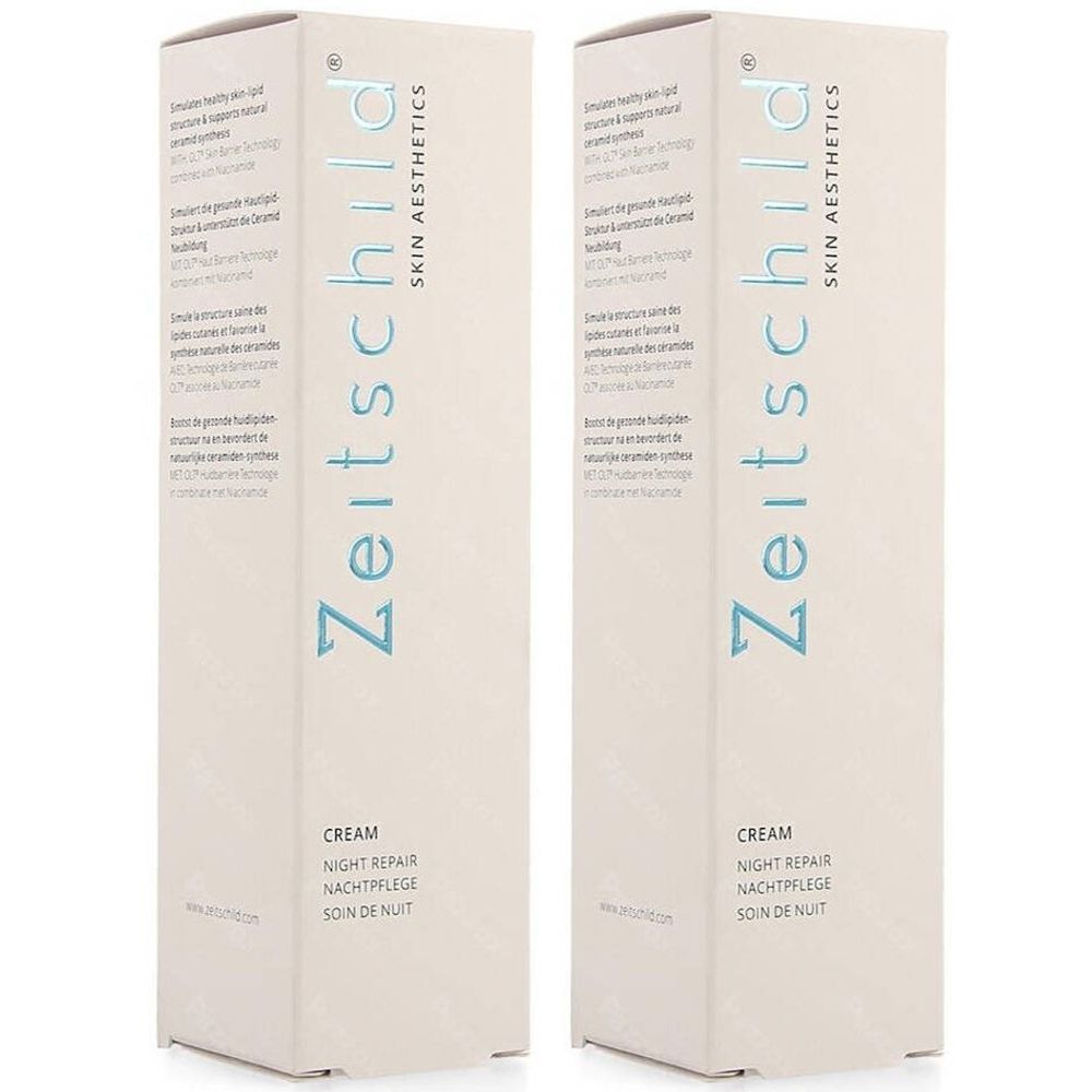 Deux boîtes blanches avec impression du produit. Inscription : Zeitschild Skin Aesthetics. Texte : Cream Night Repair. Écriture bleue.