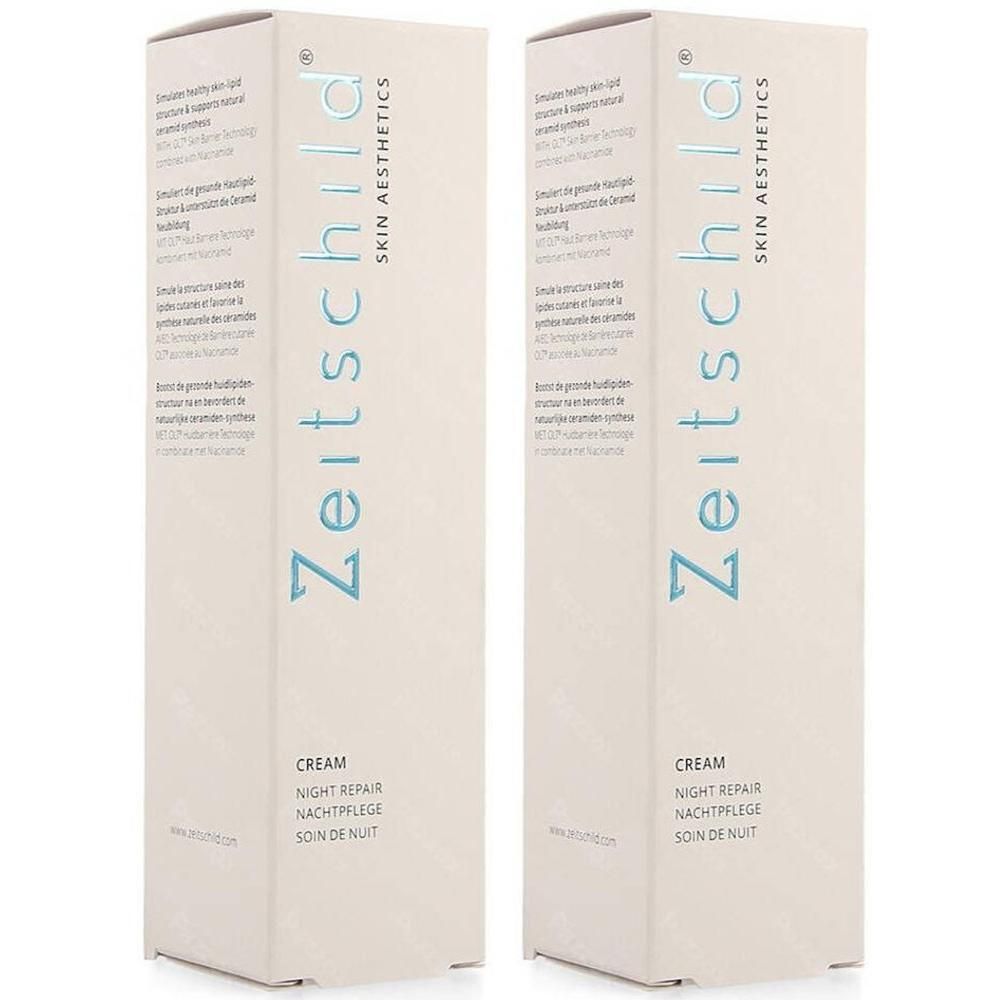 Deux boîtes blanches avec impression du produit. Inscription : Zeitschild Skin Aesthetics. Texte : Cream Night Repair. Écriture bleue.