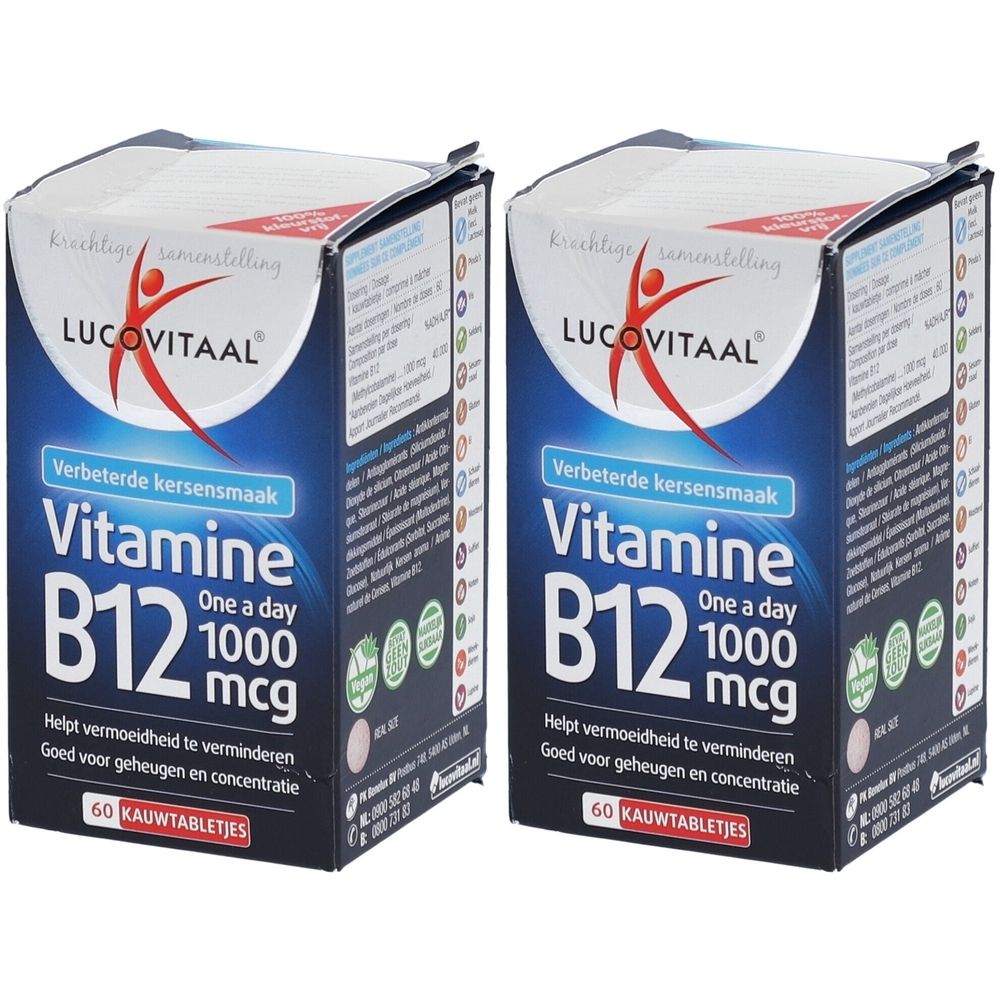 Deux boîtes de Lucovitaal® Vitamine B12. Emballage bleu avec texte blanc. Contient 60 comprimés à croquer.