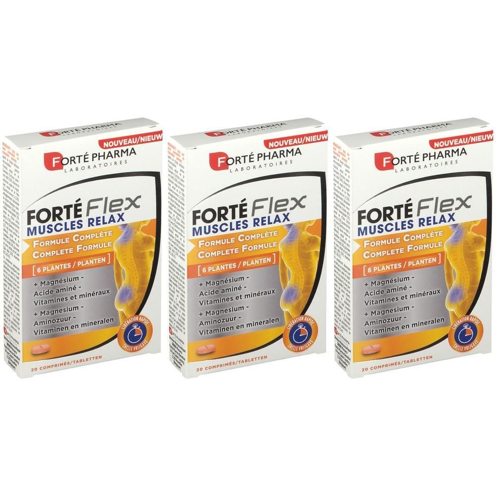 Trois boîtes de Forté Flex Muscles Relax. Emballage blanc avec logo rouge et informations produit. 30 comprimés.