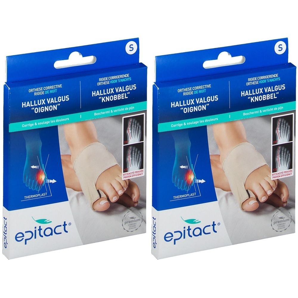 Deux boîtes Epitact Hallux Valgus Orthèse Corrective Nuit, taille S. Emballage bleu avec image du produit et pied.