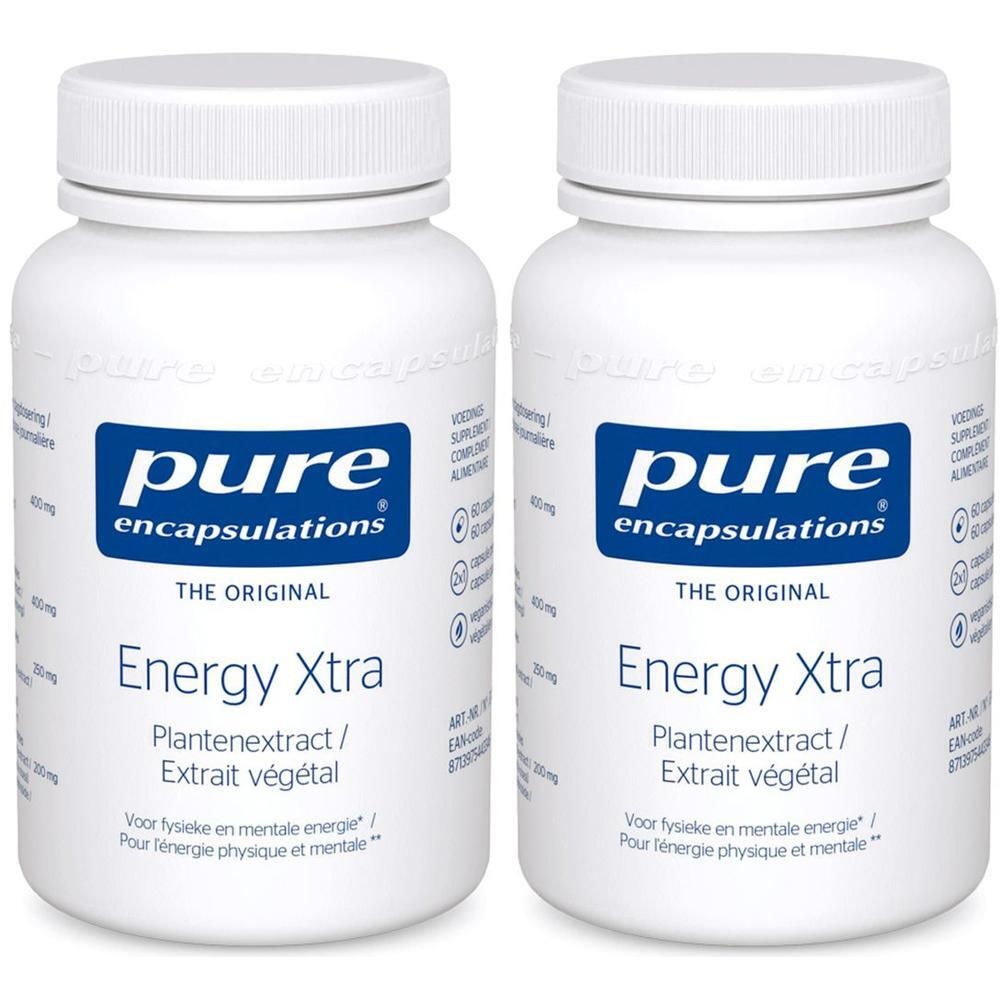 Deux flacons blancs avec étiquettes bleues. Inscription: pure encapsulations Energy Xtra. Extrait végétal.