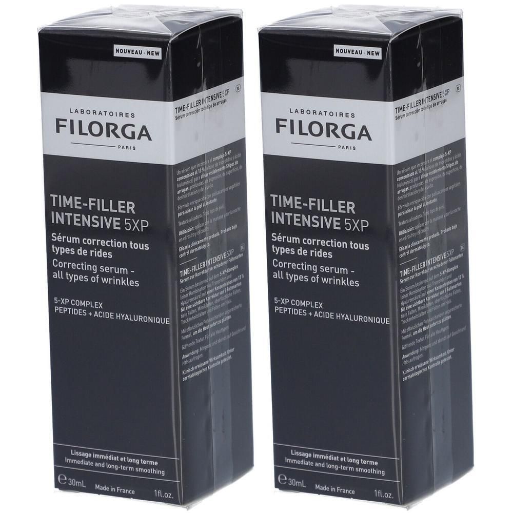 Deux boîtes de Filorga Time-Filler Intensive 5XP Sérum. Emballage noir avec texte blanc. Nom et description du produit.