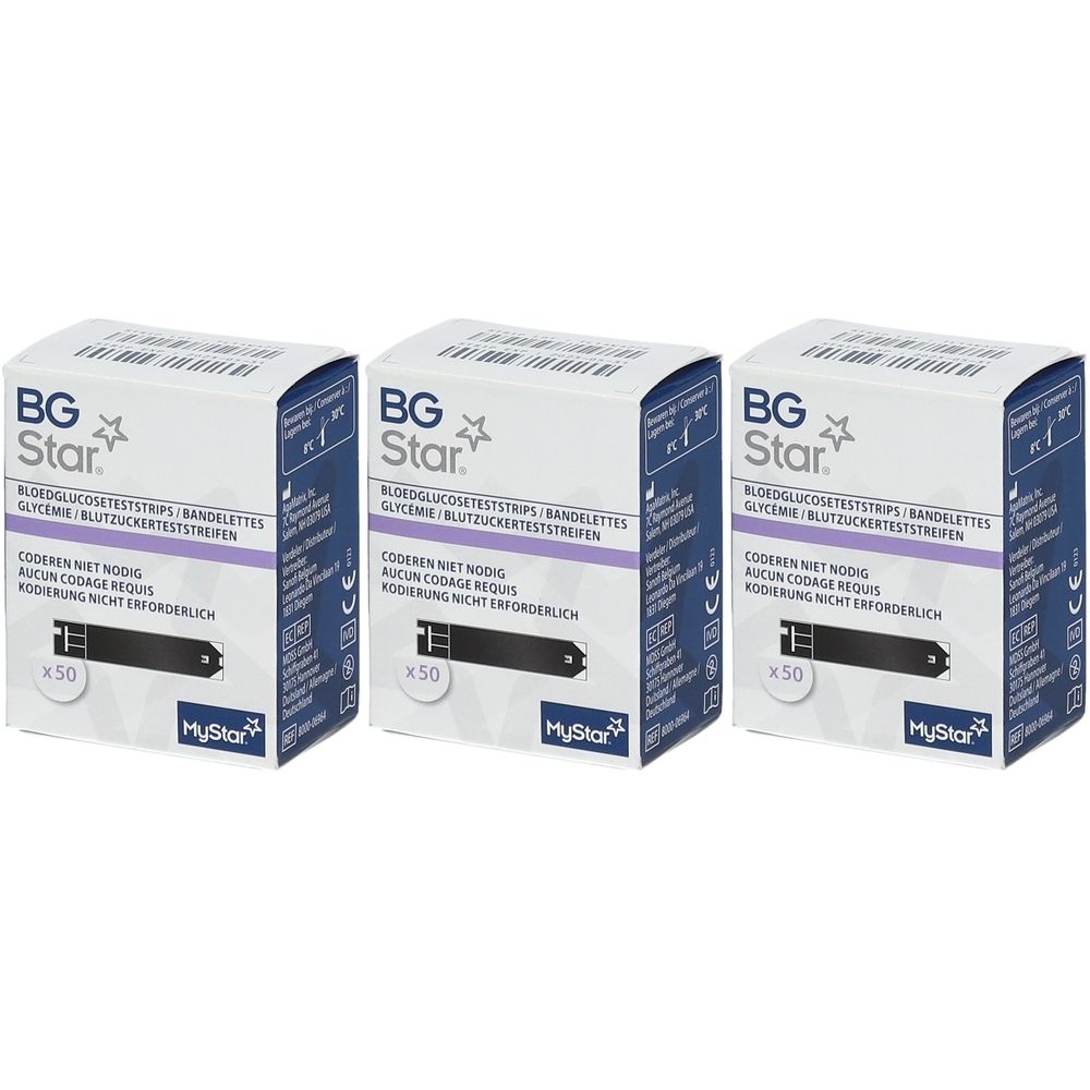 Trois boîtes de bandelettes de test de glycémie BG Star. Chaque boîte contient 50 bandelettes. Inscriptions multilingues.