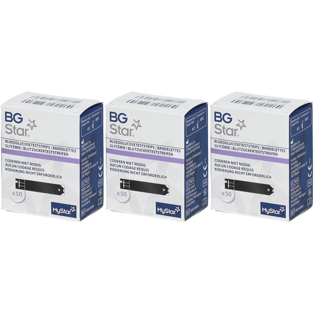 Trois boîtes de bandelettes de test de glycémie BG Star. Chaque boîte contient 50 bandelettes. Inscriptions multilingues.