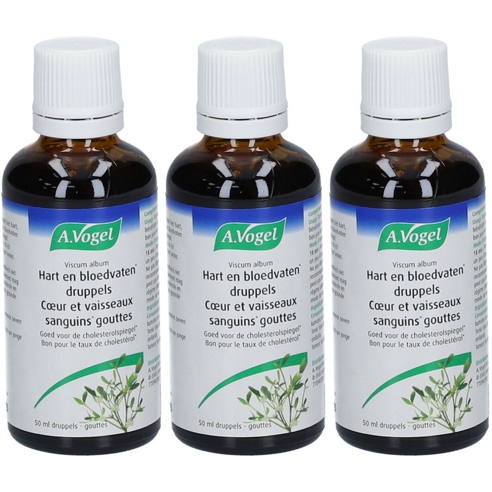 Trois flacons bruns avec bouchons blancs. Inscription : A. Vogel, Viscum album, gouttes cœur et vaisseaux. Étiquettes vertes.