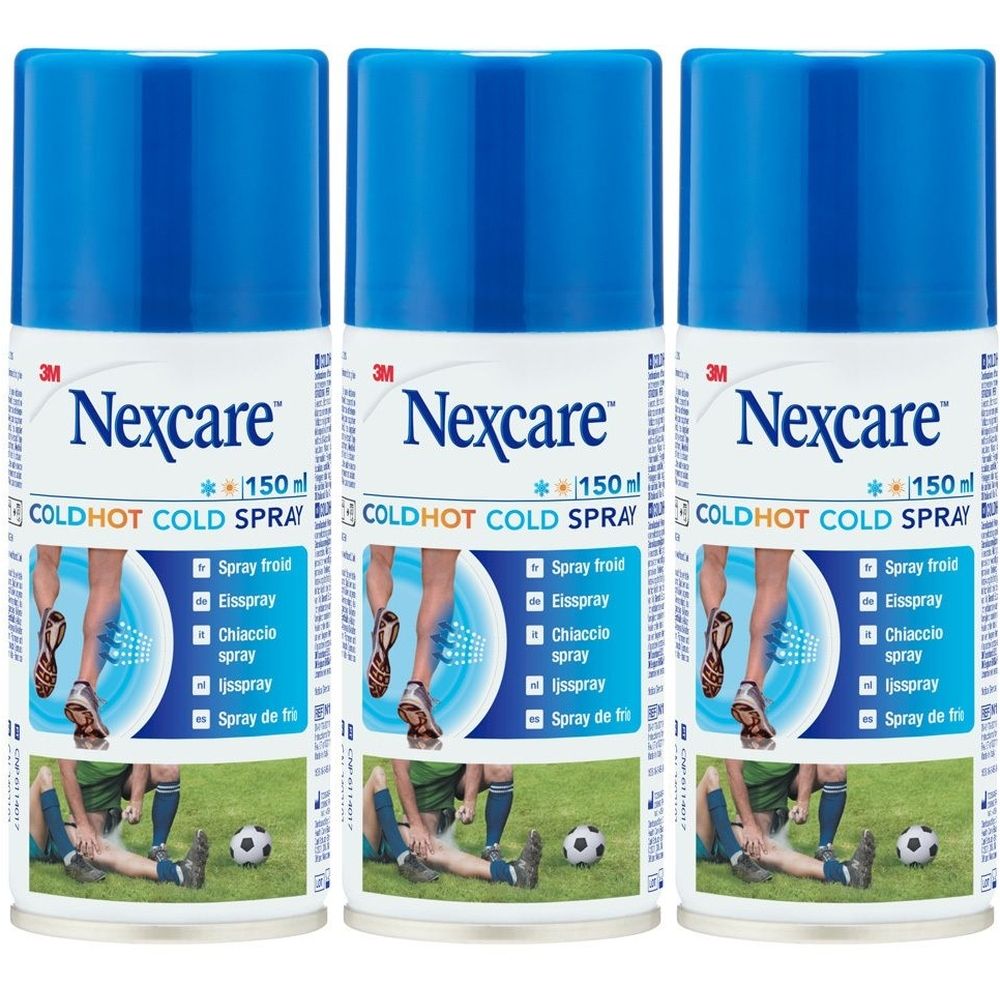 Trois sprays Nexcare Coldhot. Bouchon bleu, contenant blanc avec nom et texte du produit. Illustration d'une jambe blessée.