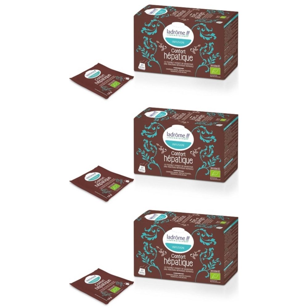 Boîtes et sachets bruns. Inscription : Ladrôme, Confort hépatique. Label bio. Motifs turquoise.