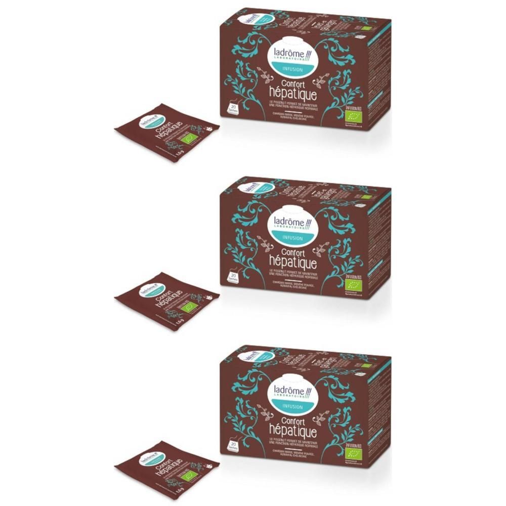 Trois boîtes de Ladrôme Infusion Confort hépatique avec un sachet chacune.