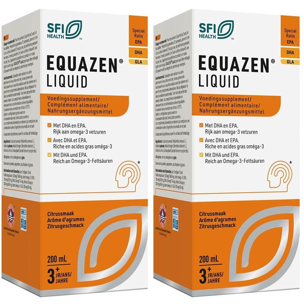 Deux boîtes EQUAZEN® Liquid. Emballage blanc et orange avec informations et logo.