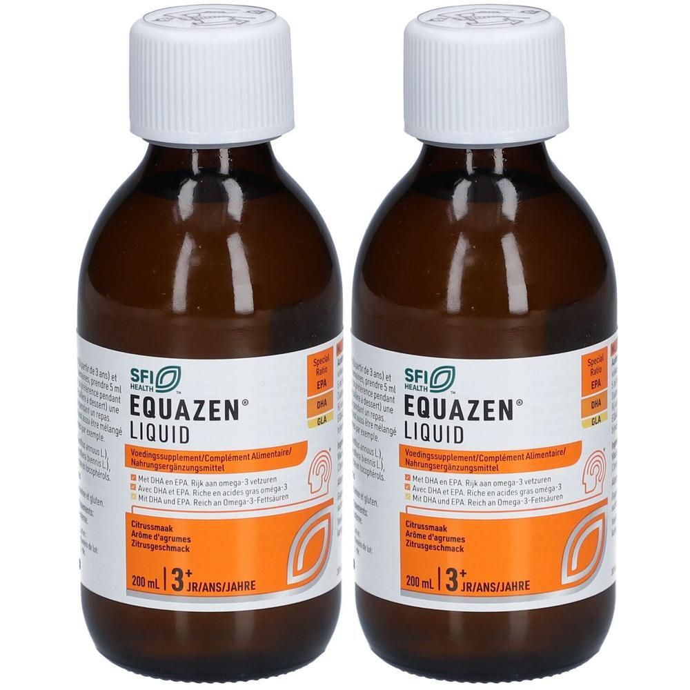 Deux flacons EQUAZEN® Liquid. Liquide brun en bouteilles en verre avec bouchon blanc. Étiquette avec informations.
