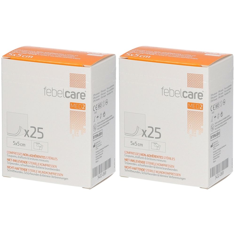 Deux boîtes de pansements Febelcare, MED2, 5x5cm, x25. Couvercle orange. Stérile.