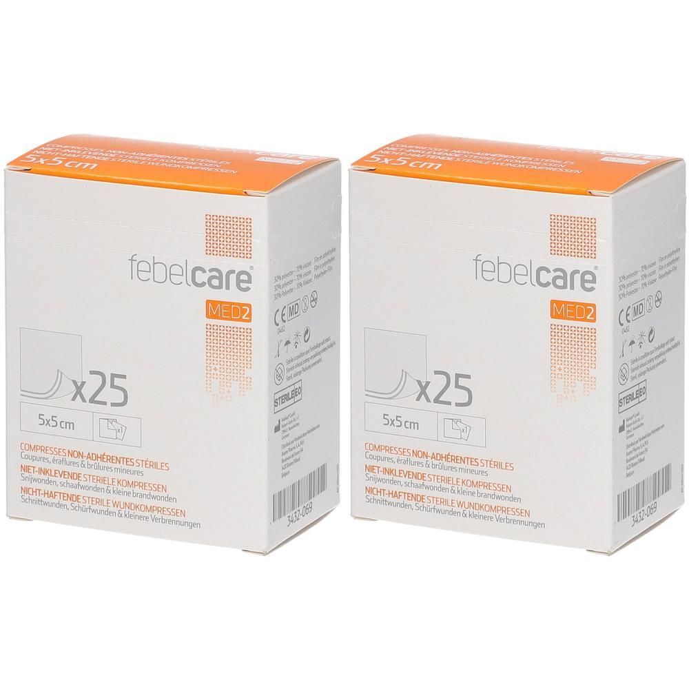 Deux boîtes de pansements Febelcare, MED2, 5x5cm, x25. Couvercle orange. Stérile.