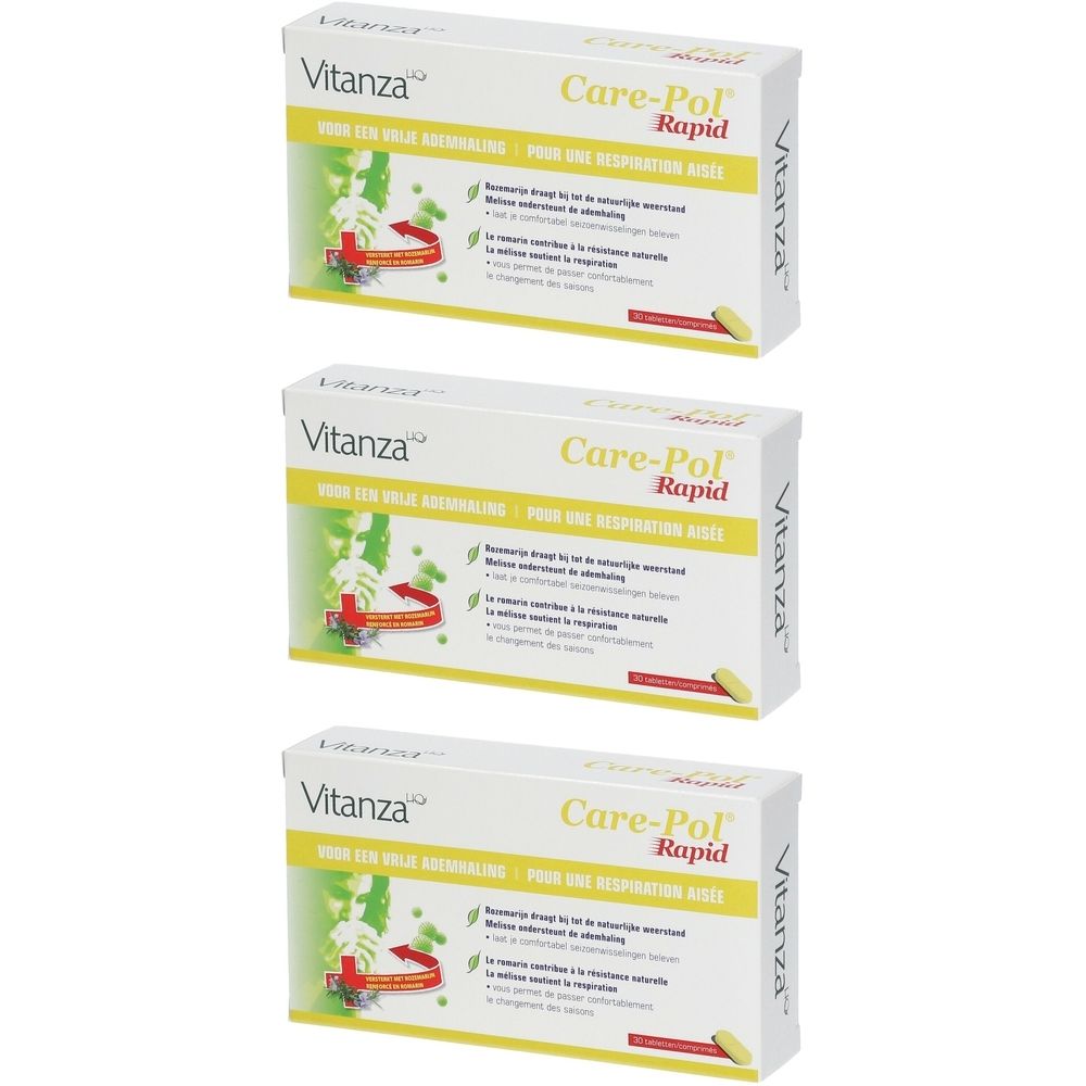 Trois boîtes de Vitanza Care-Pol Rapid. Emballage blanc avec nom du produit et éléments verts, rouges et jaunes. Inscriptions multilingues.