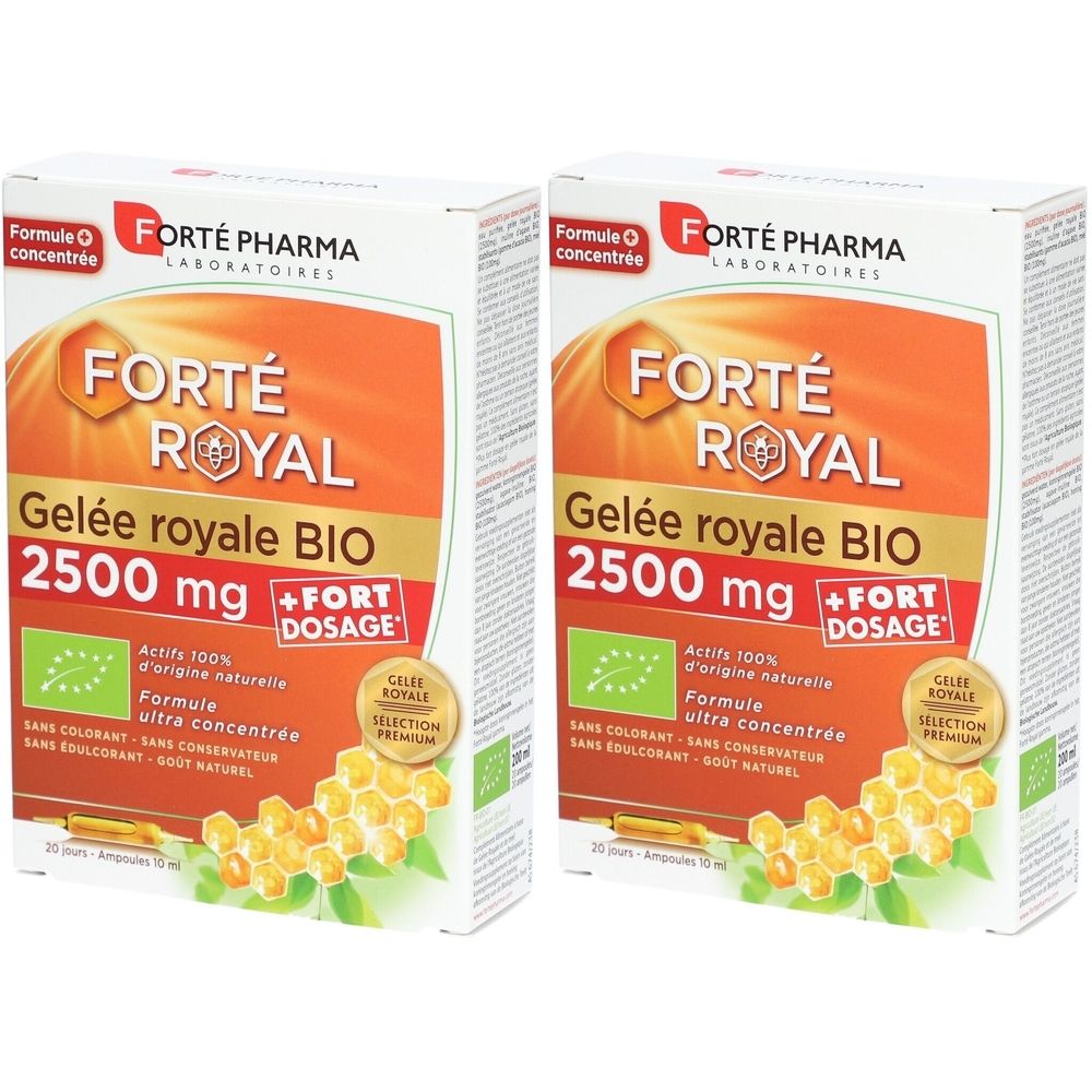 Deux boîtes de Forté Pharma Gelée Royale Bio 2500 mg. Boîtes blanches avec nom et logo du produit. Label bio.