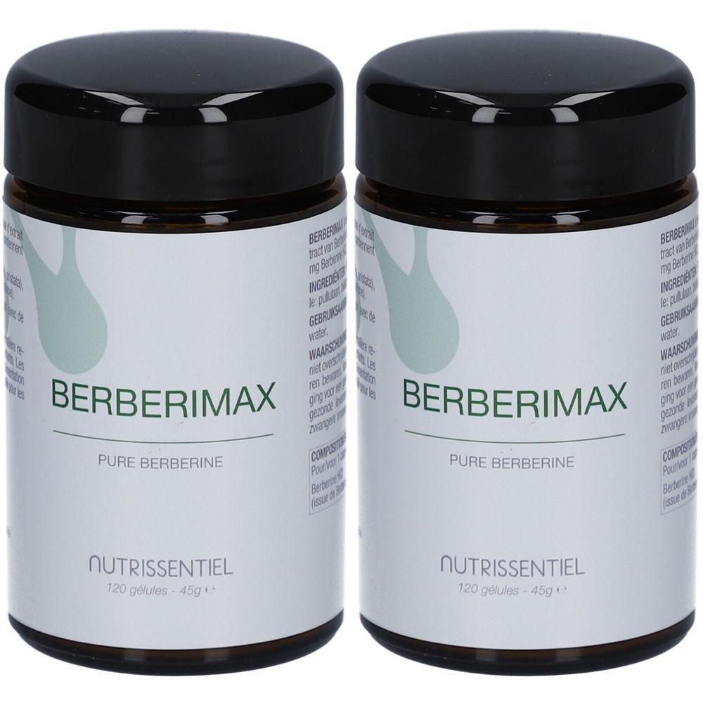 Deux flacons Nutrissentiel® Berberimax. Étiquettes blanches, couvercles noirs. Texte: Berberimax, Pure Berberine, 120 gélules.
