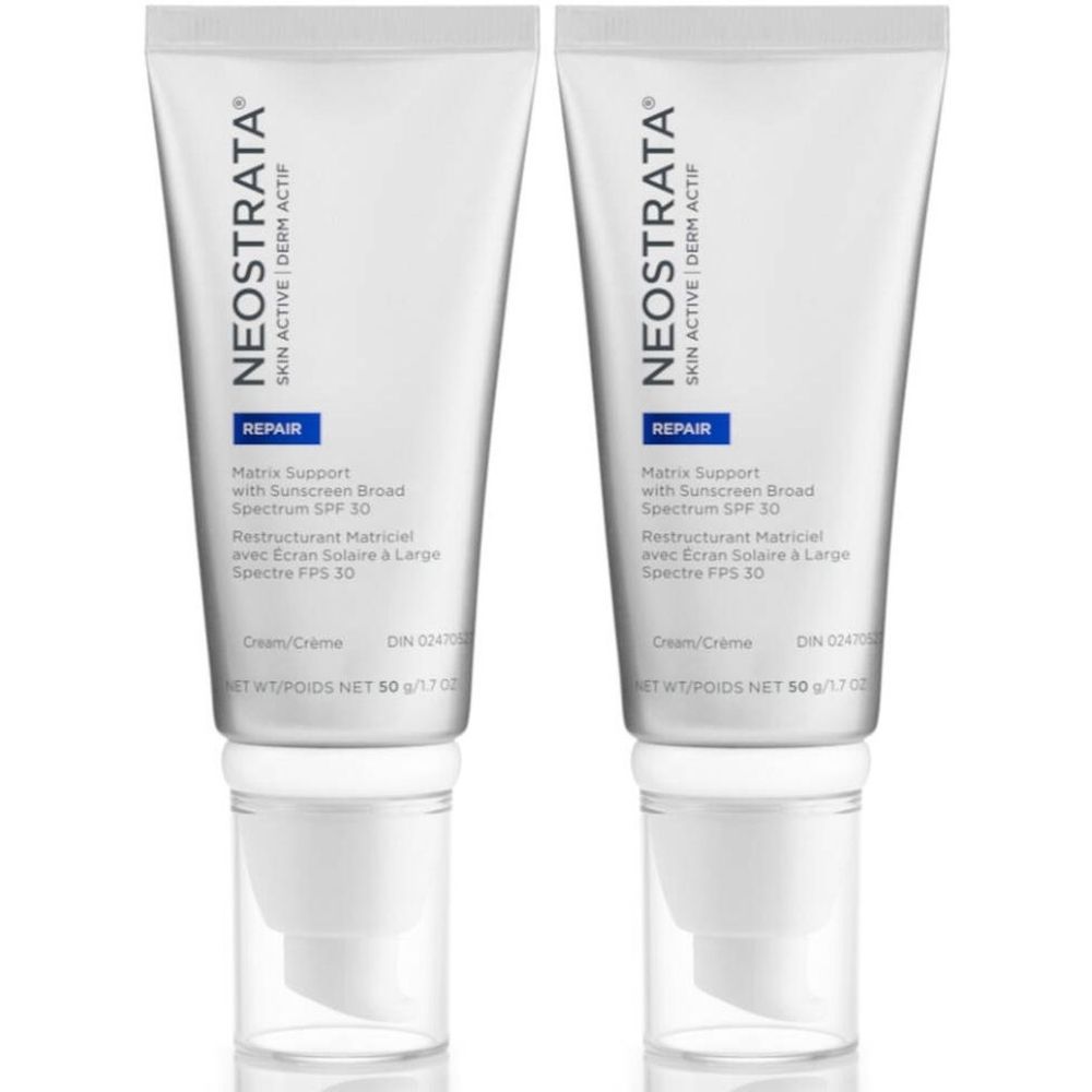 Deux tubes NeoStrata Skin Active Derm Actif Matrix Support SPF30. Tubes blancs, texte bleu. 50g.