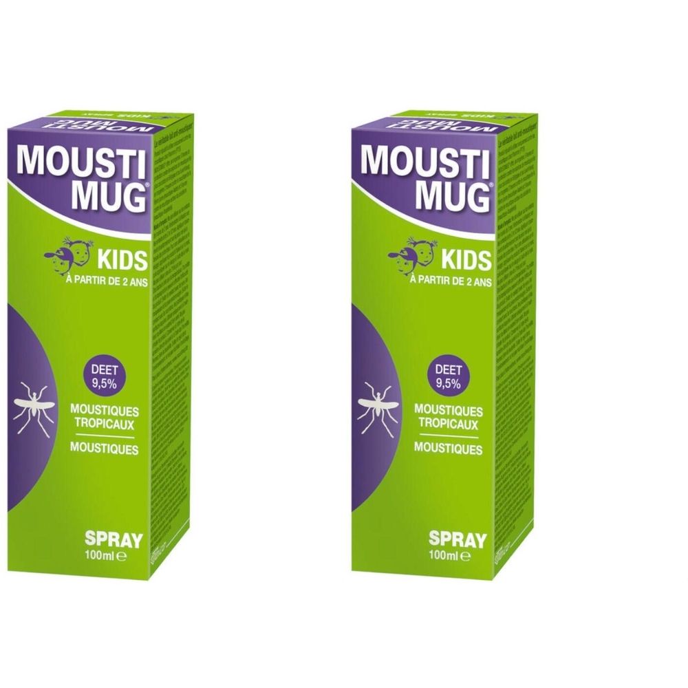 Deux sprays verts avec accents violets. Inscription: Mousti Mug Kids, DEET 9,5%, Spray. Contient un symbole de moustique.