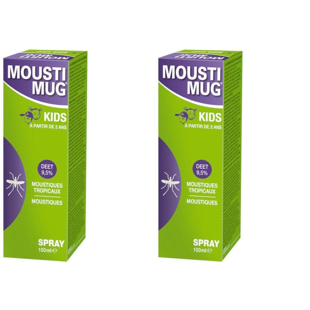 Deux sprays verts avec accents violets. Inscription: Mousti Mug Kids, DEET 9,5%, Spray. Contient un symbole de moustique.